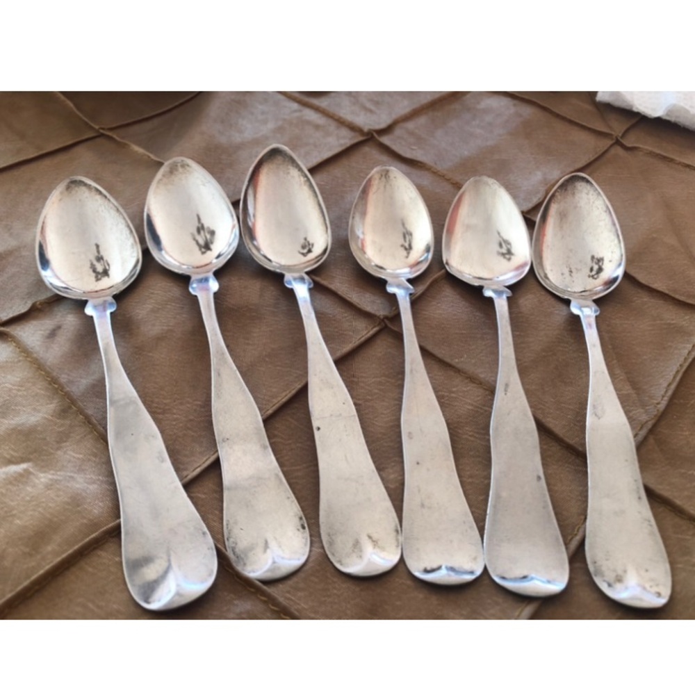 Set of 6. 5 1/2 in coin silver dessert spoons circa 1850.  Marked E Cutler.
